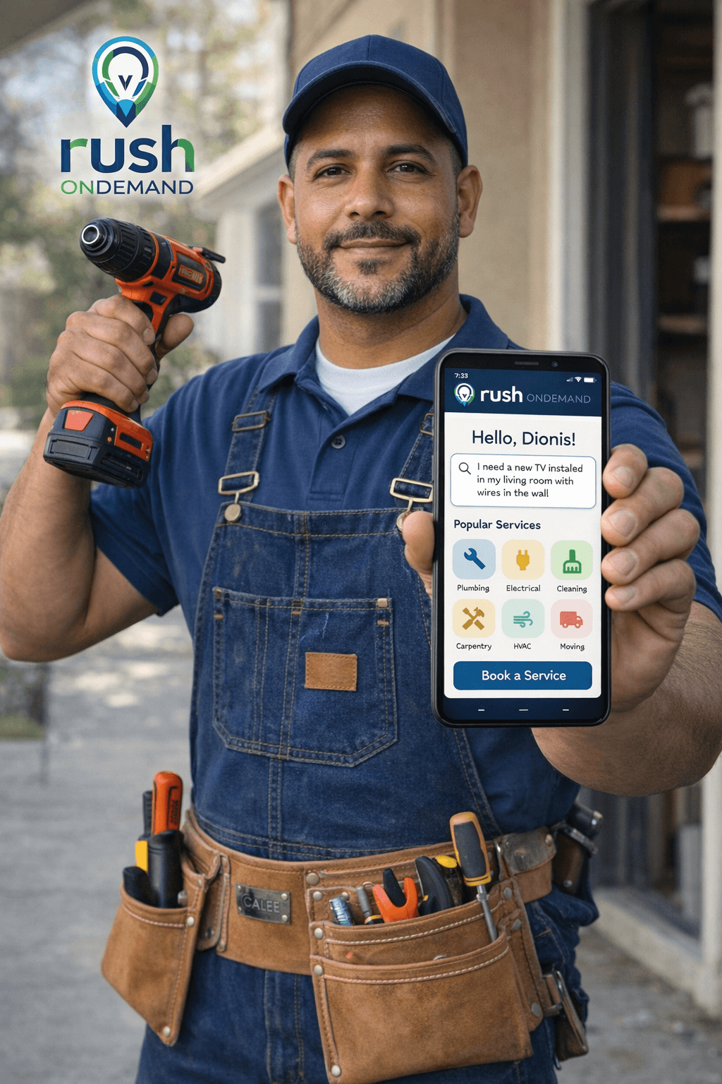 Rush OnDemand app showing a Tampa Bay homeowner being matched with a vetted local pro